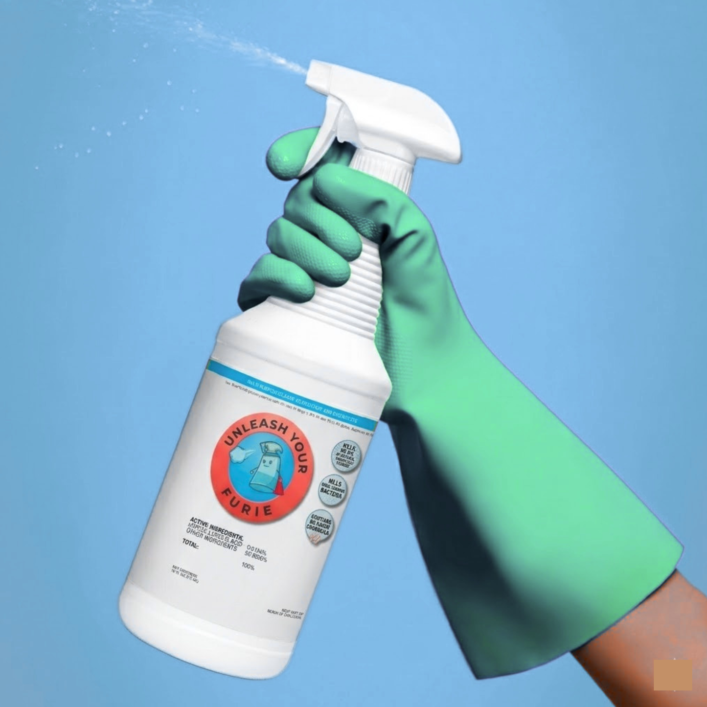 Hand wearing a green glove holding a spray bottle with a blue background