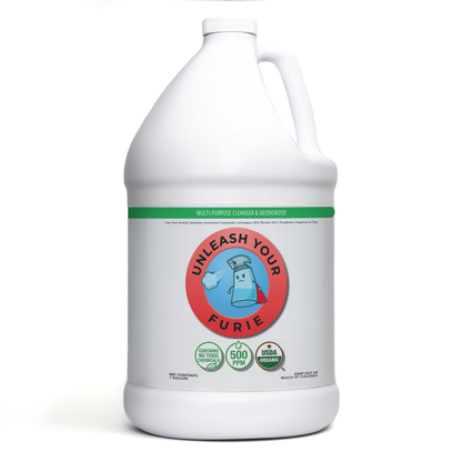 Gallon bottle of 'Unleash Your Furie' multi-purpose cleaner on a white background