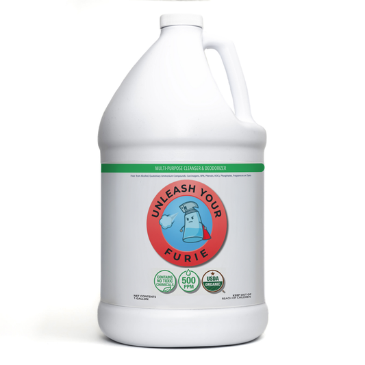 Gallon bottle of 'Unleash Your Furie' multi-purpose cleaner on a white background