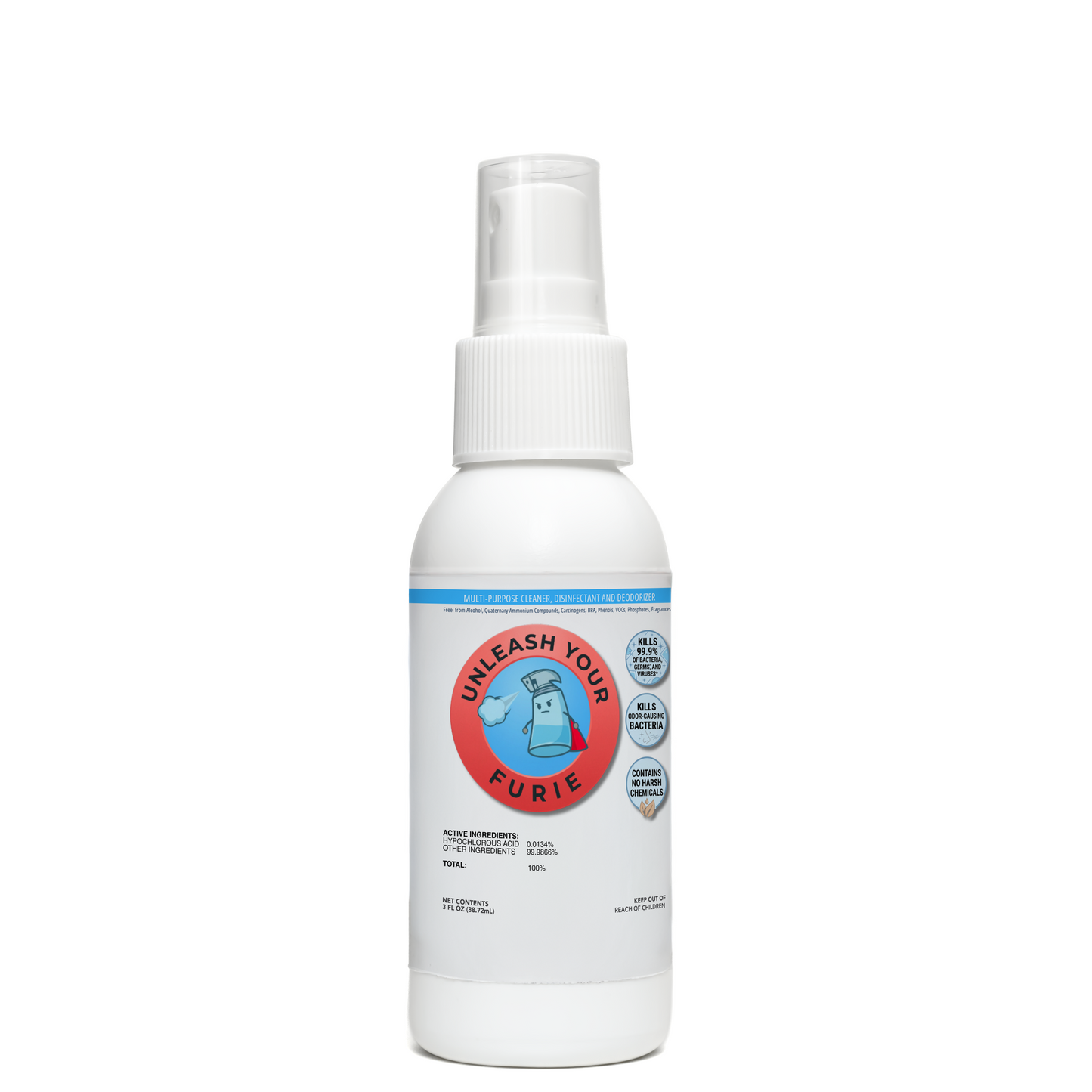 White spray bottle with a label on a white background