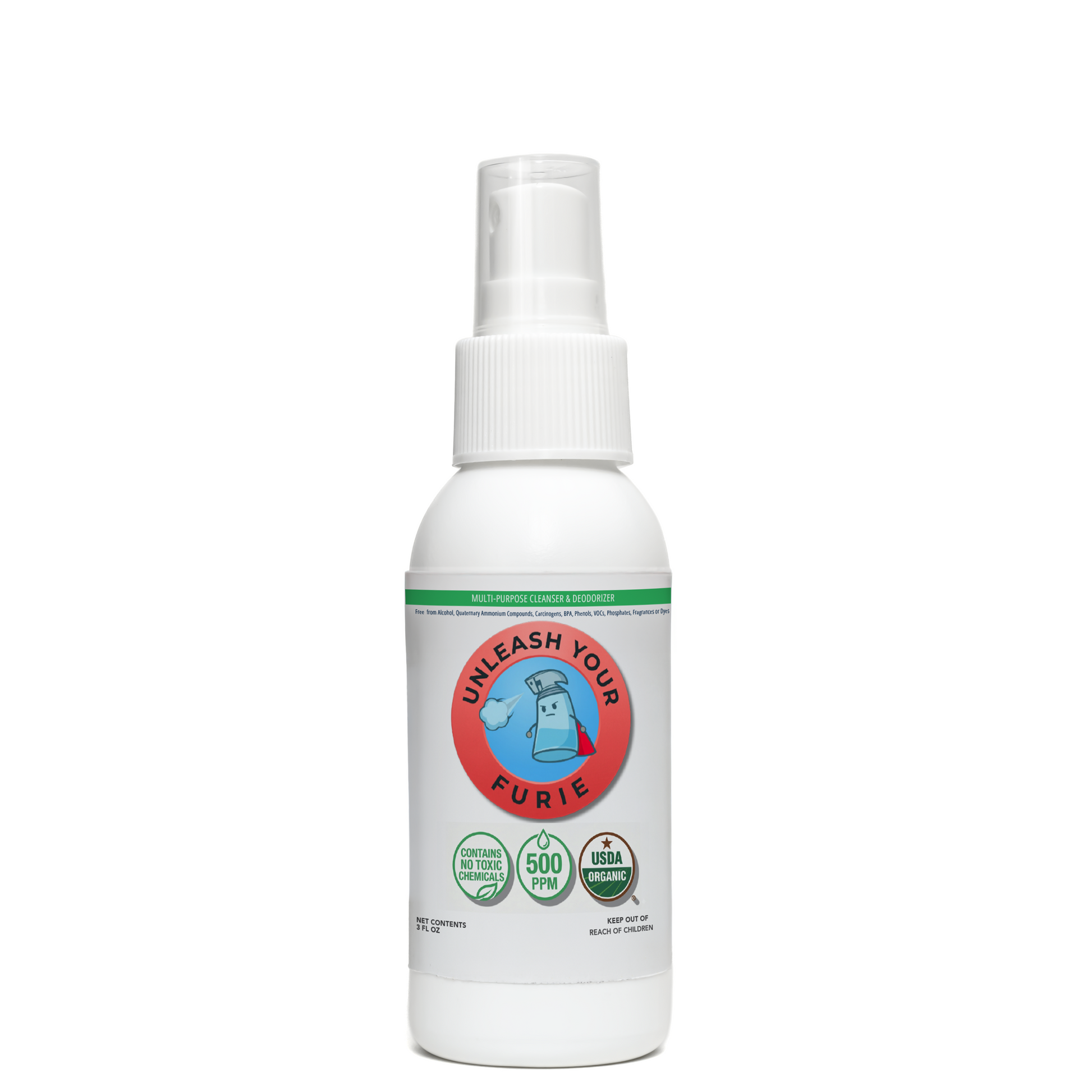 White spray bottle with a circular label on a white background
