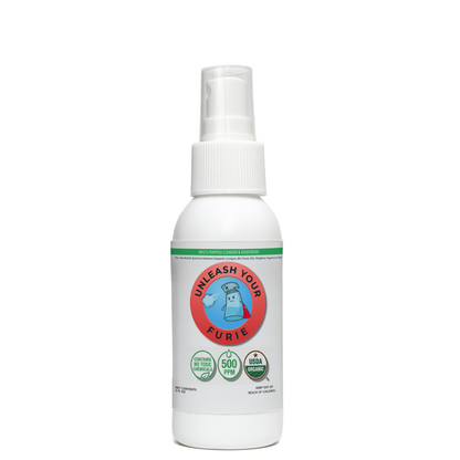 White spray bottle with a circular label on a white background