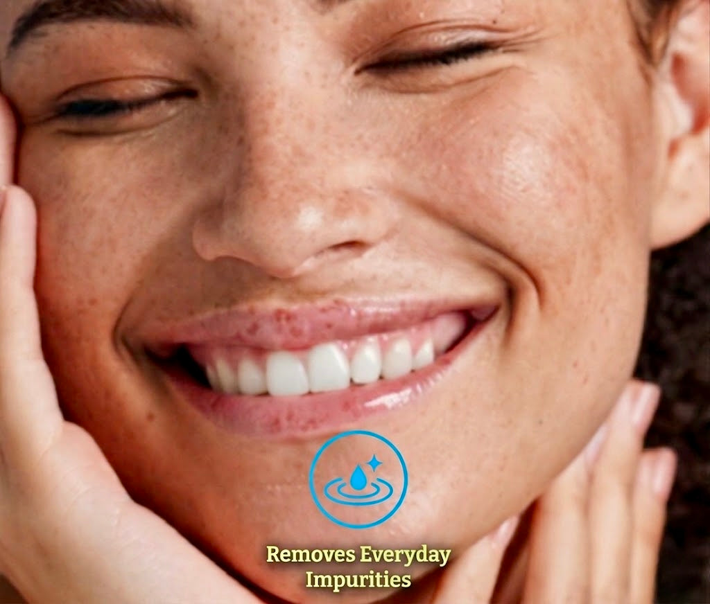 Close-up of a woman's face with a focus on her skin, accompanied by a logo and text about skincare.