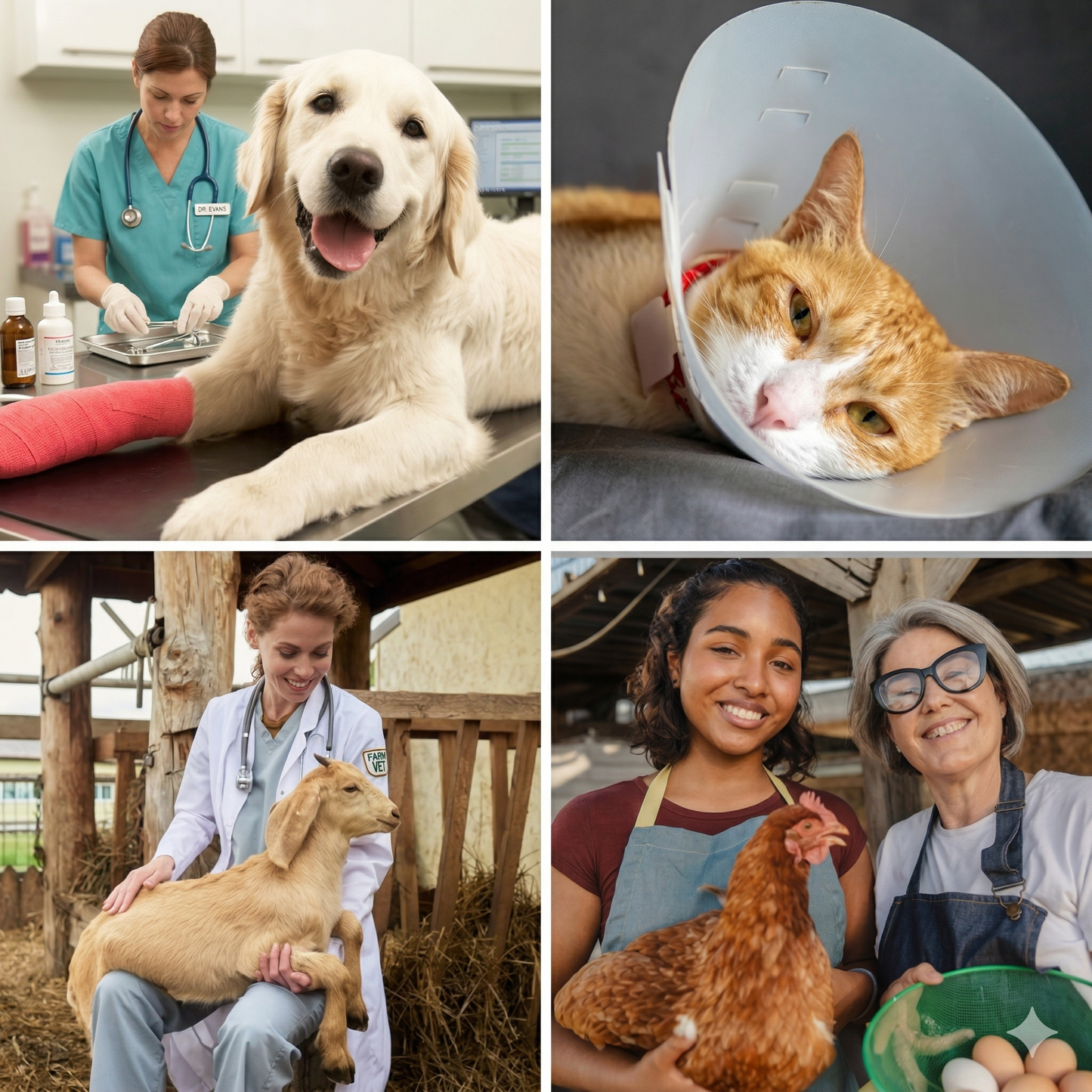Collage of veterinary care images including a dog, cat, goat, and chicken with their caretakers.