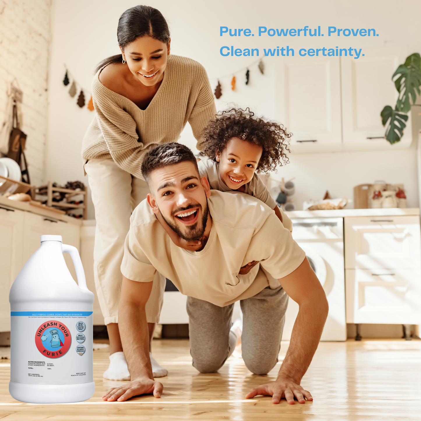 Family in a kitchen with a bottle of cleaning product, promoting 'Pure. Powerful. Proven.' cleaning solution.
