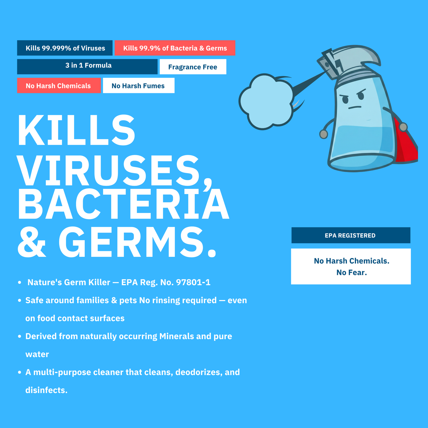Advertisement for a cleaning product with text and a cartoon character on a blue background