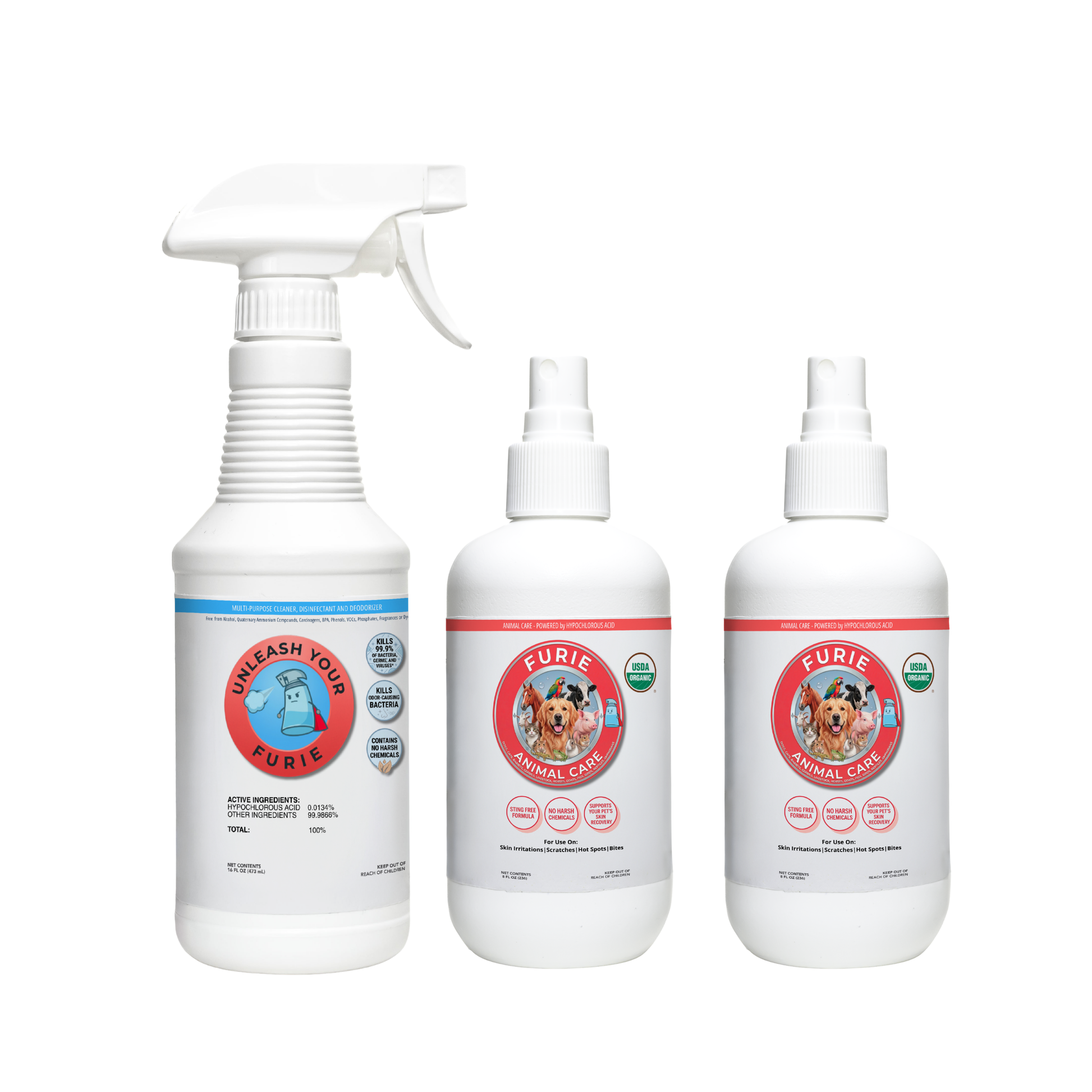 Three bottles of Furie animal care products on a white background