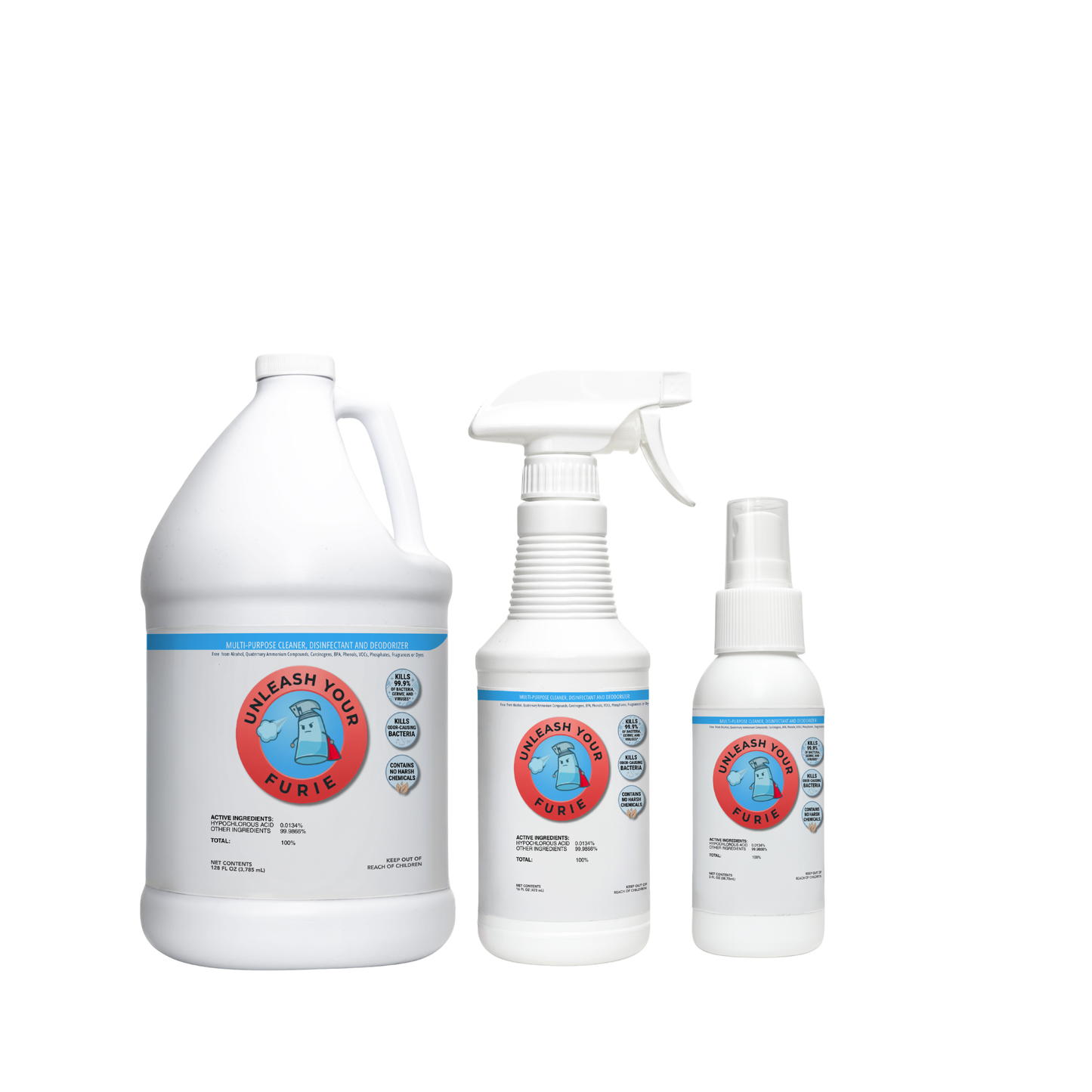 Set of three cleaning product bottles with a brand logo on a white background