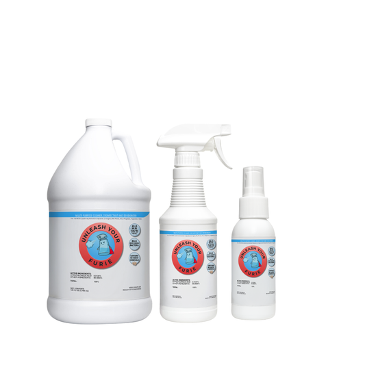 Set of three cleaning product bottles with a brand logo on a white background