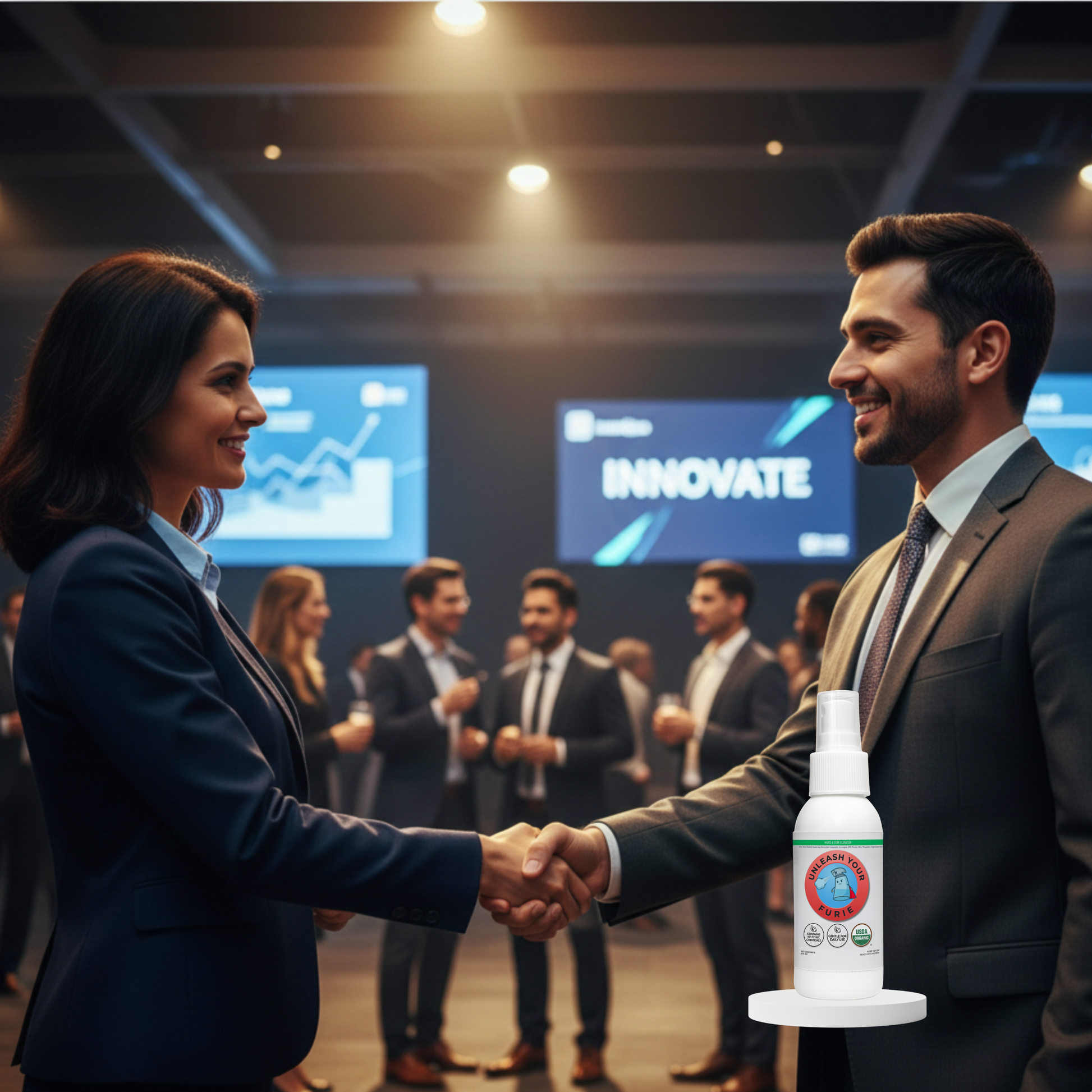 Two business professionals shaking hands with a bottle of hand cleanser in the foreground, set against a conference or event background.