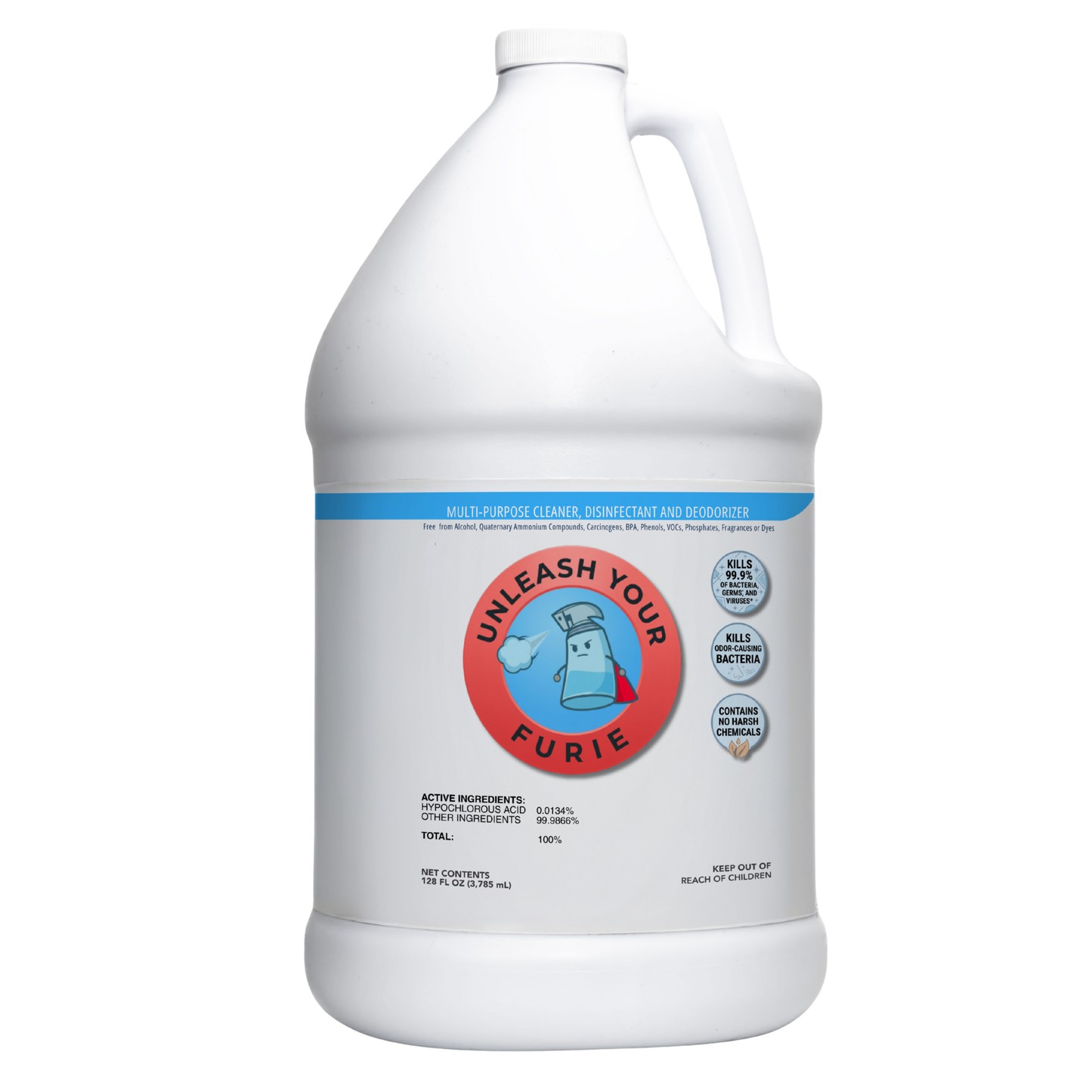Gallon container of 'Unleash Your Furie' pet product on a white background