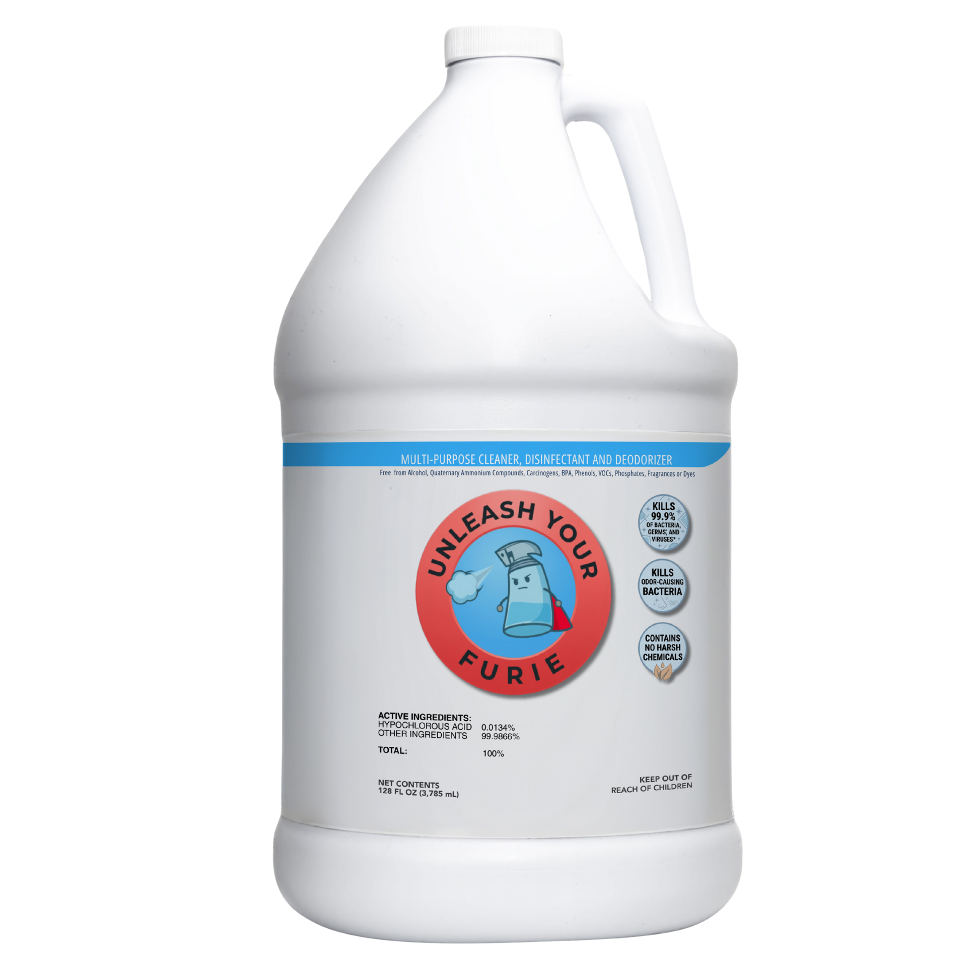 Gallon container of 'Unleash Your Furie' pet product on a white background