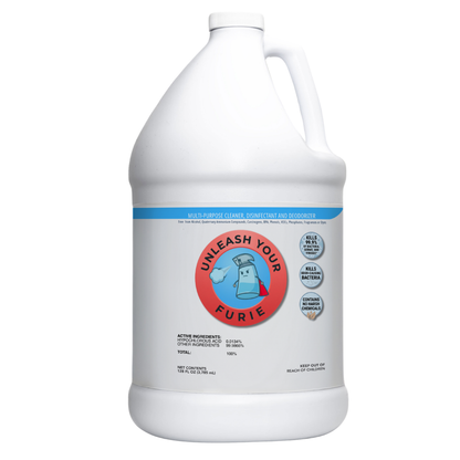 Gallon container of 'Unleash Your Furie' pet product on a white background