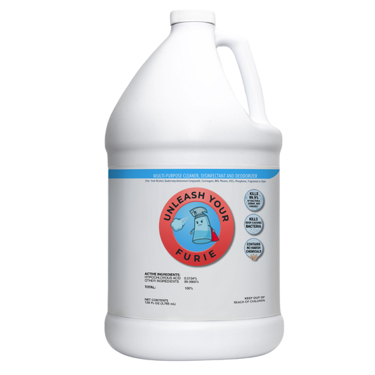 Gallon container of 'Unleash Your Furie' pet product on a white background