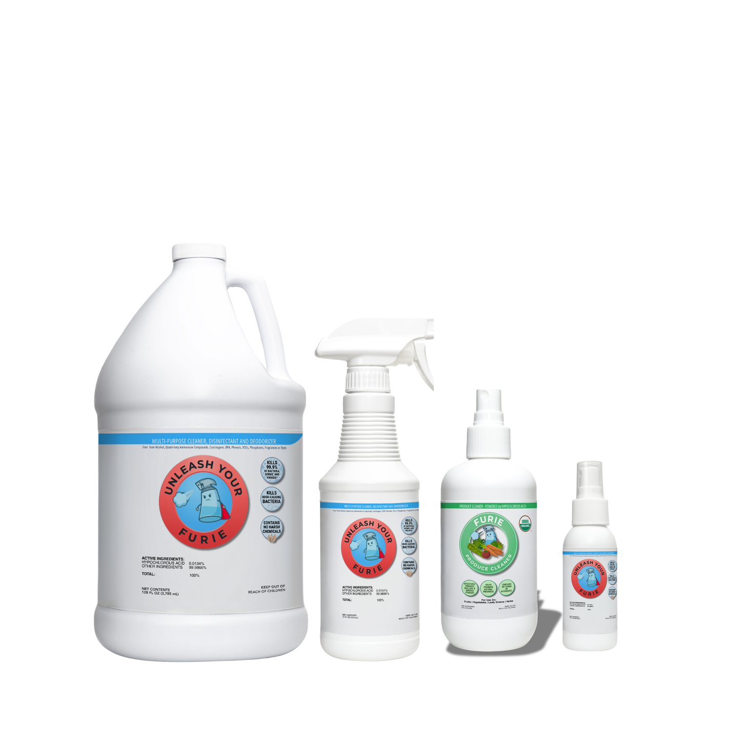 Set of cleaning products with various sizes on a white background