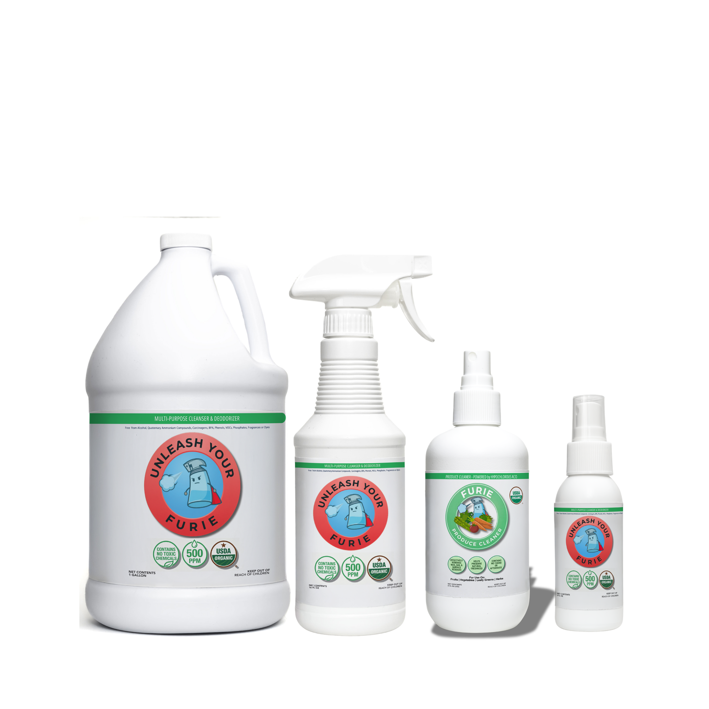 Set of cleaning product bottles with visible labels on a white background