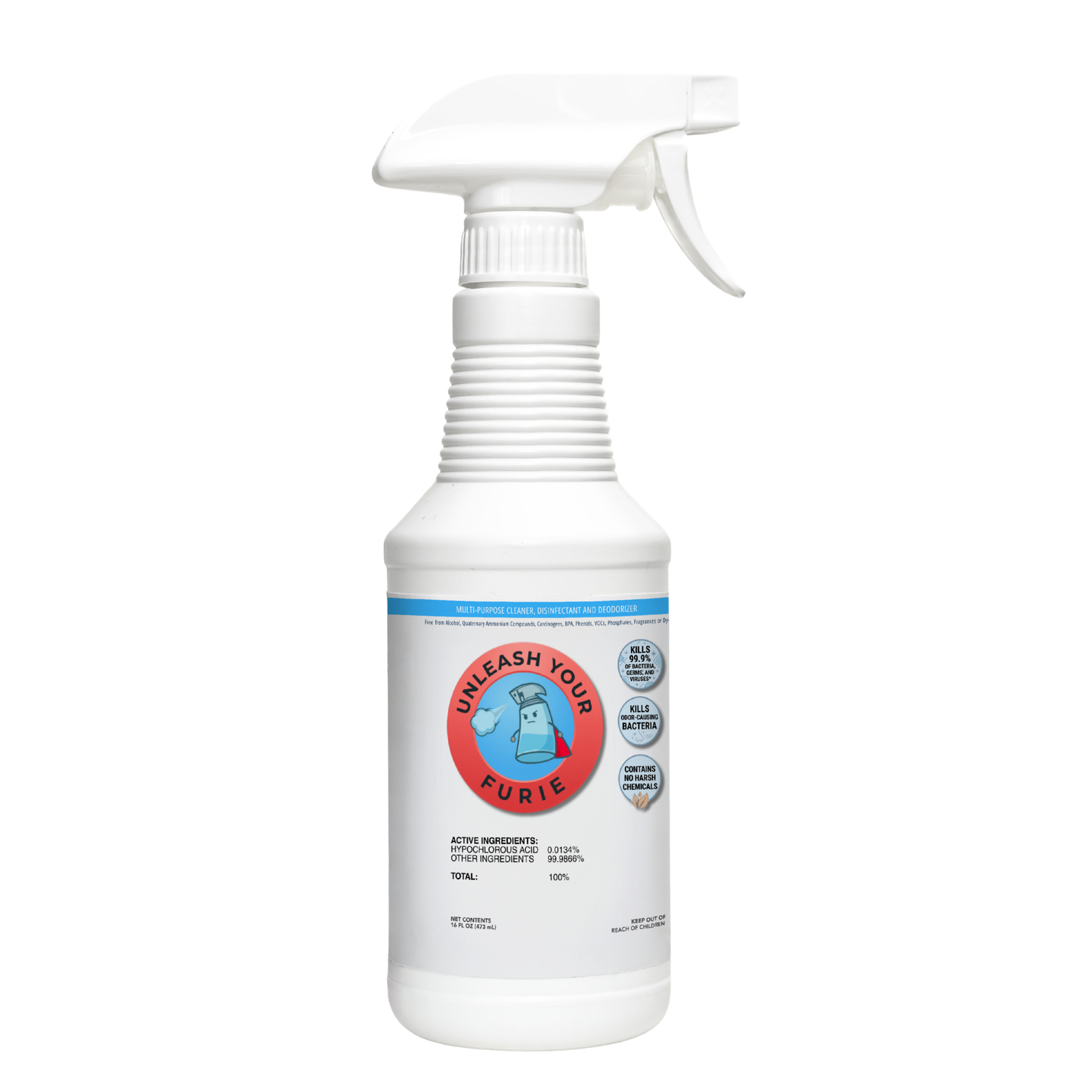White spray bottle with a label on a white background