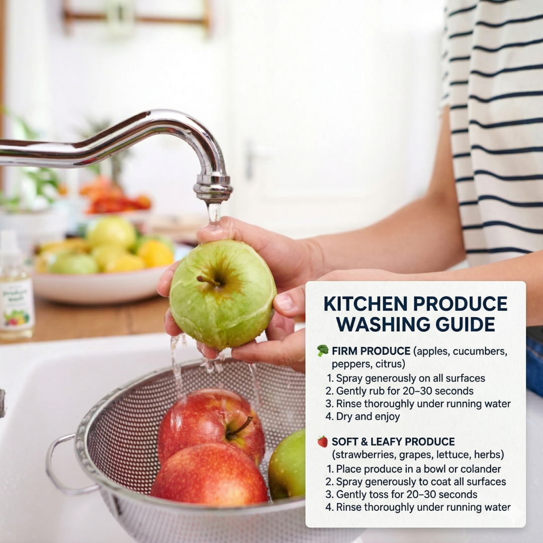 Person washing an apple under running water with a kitchen produce washing guide overlay.