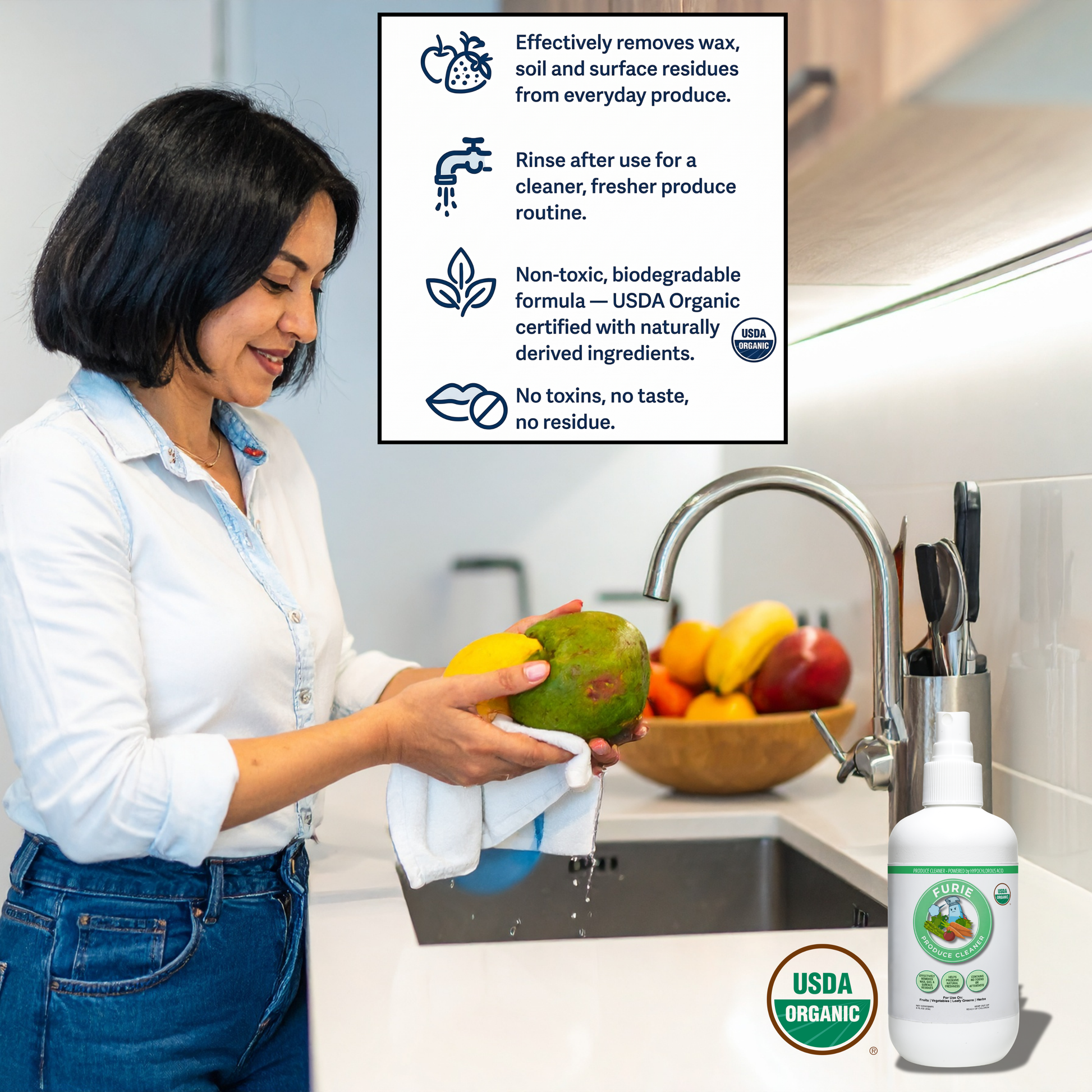 Woman washing an avocado in a kitchen with a USDA Organic product displayed.