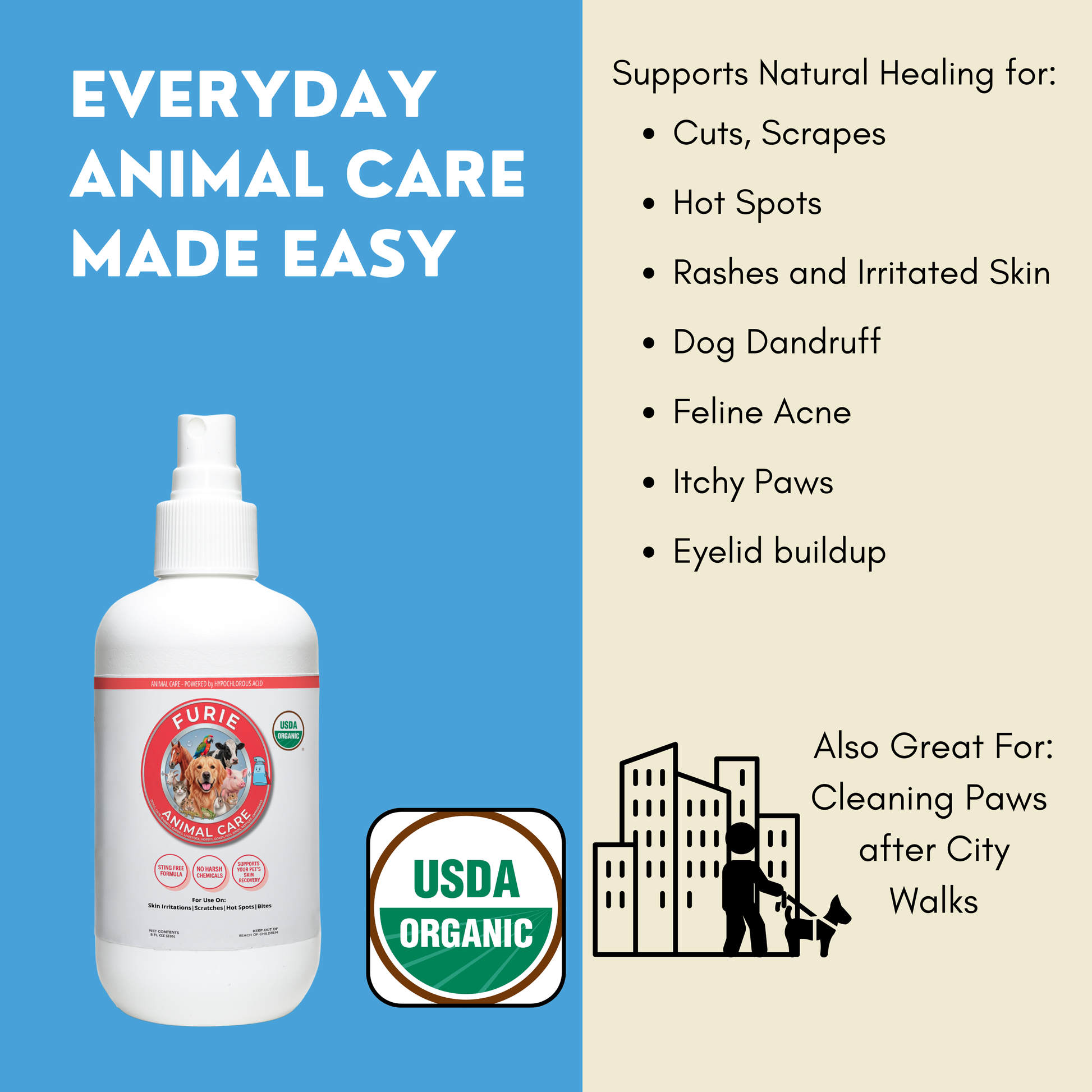 Furie Animal Care product with USDA Organic label on a blue and beige background