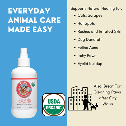 Furie Animal Care product with USDA Organic label on a blue and beige background